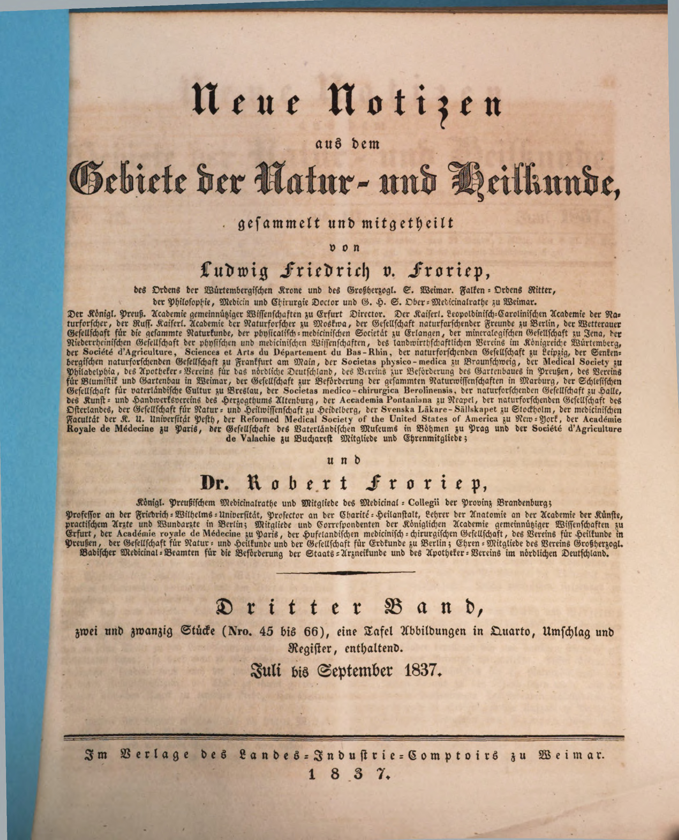 Froriep, Neue Notizen aus dem Gebiete der Natur- und Heilkunde, 1837.