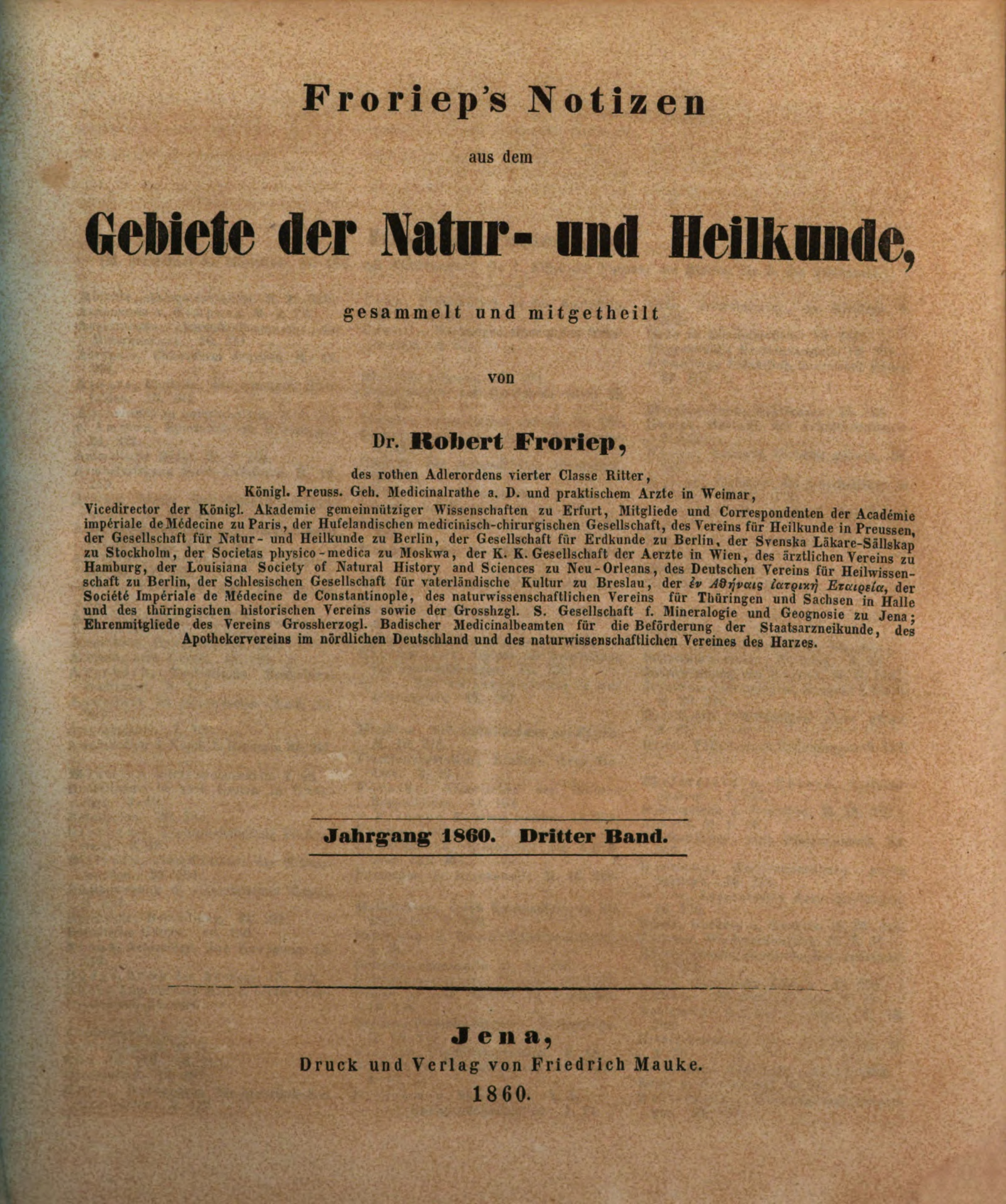 Froriep, Notizen aus dem Gebiete der Natur- und Heilkunde, 1860.